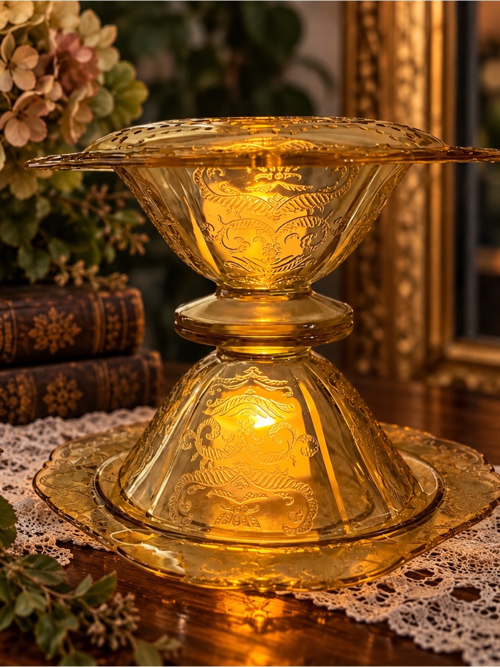 Vintage Amber Madrid Depression Glass Fairy Lamp